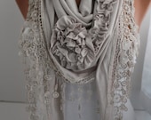 Light Gray Jersey Rose Shawl/ Scarf - Headband -Cowl with Lace Edge- DIDUCI