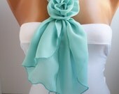NEW- Mint Chiffon Rose Scarf - with flower clips- Headband- hair accesory
