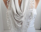 NEW- Beige Scarf - Jersey Scarf - Triangle Scarf - Headband - Cowl with Lace Edge- DIDUCI