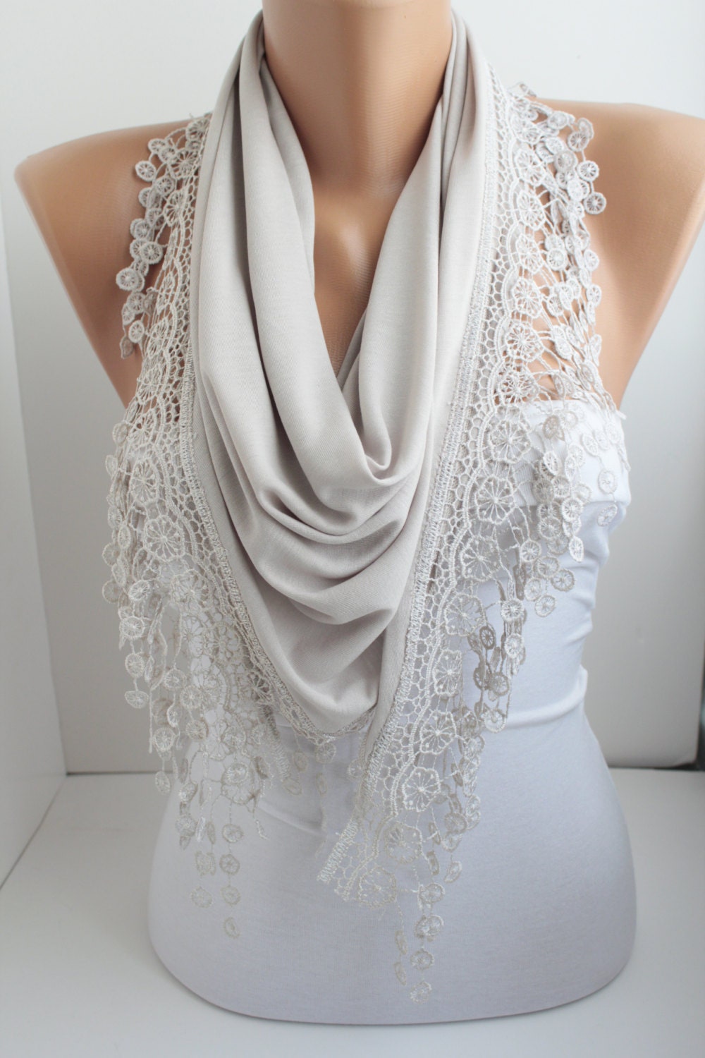 NEW- Beige Scarf - Jersey Scarf - Triangle Scarf - Headband - Cowl with Lace Edge- DIDUCI