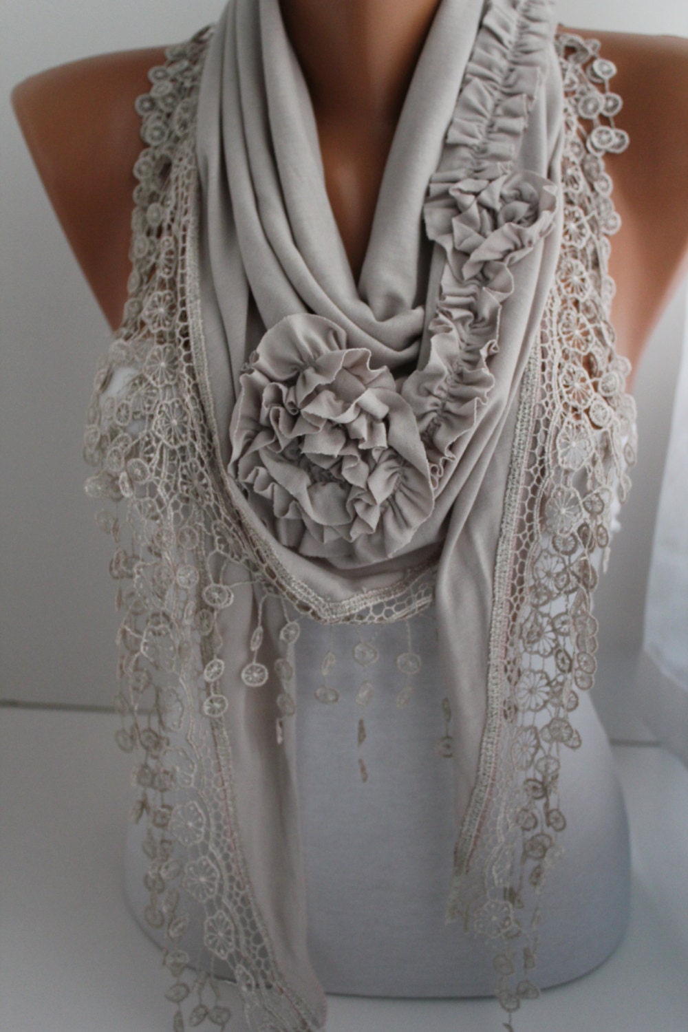 Light Gray Jersey Rose Shawl/ Scarf - Headband -Cowl with Lace Edge- DIDUCI