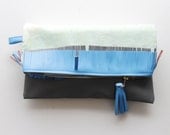 L A K E / Grey / Light blue / Dark blue cotton and leather clutch