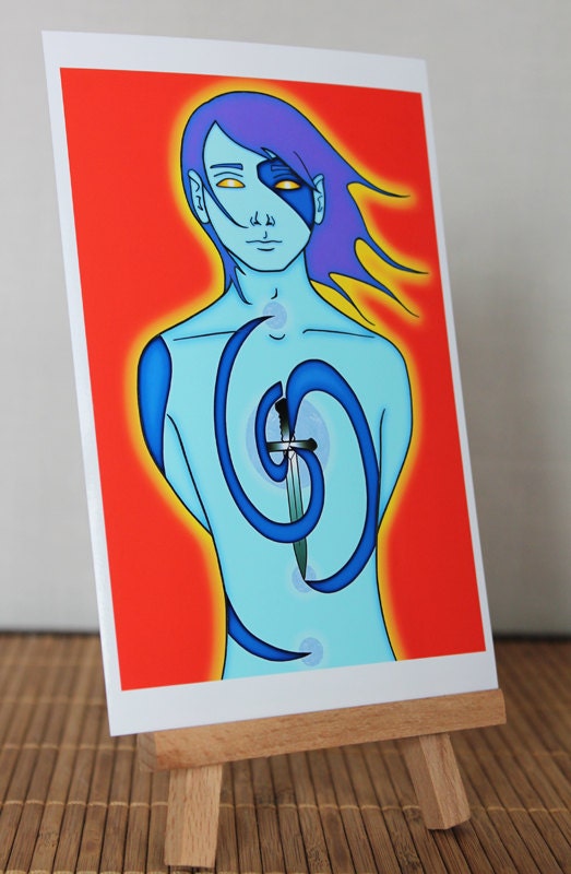 Azure - sword warrior, digital illustration art print, 6" x 4" glossy photo paper