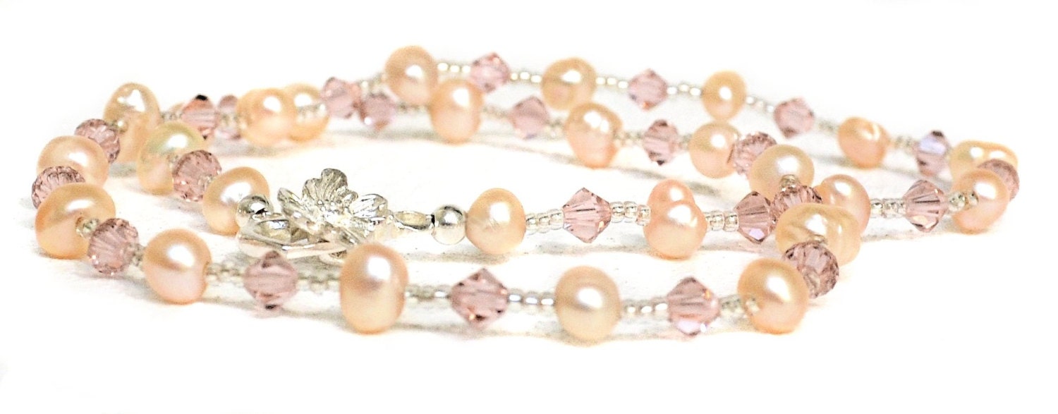 Dainty Pearl Necklace in Soft Pink & Lovely Vintage Rose CYSTALLIZED Swarovski Elements and Chic Flower Clasp. All Sterling Silver Necklace.