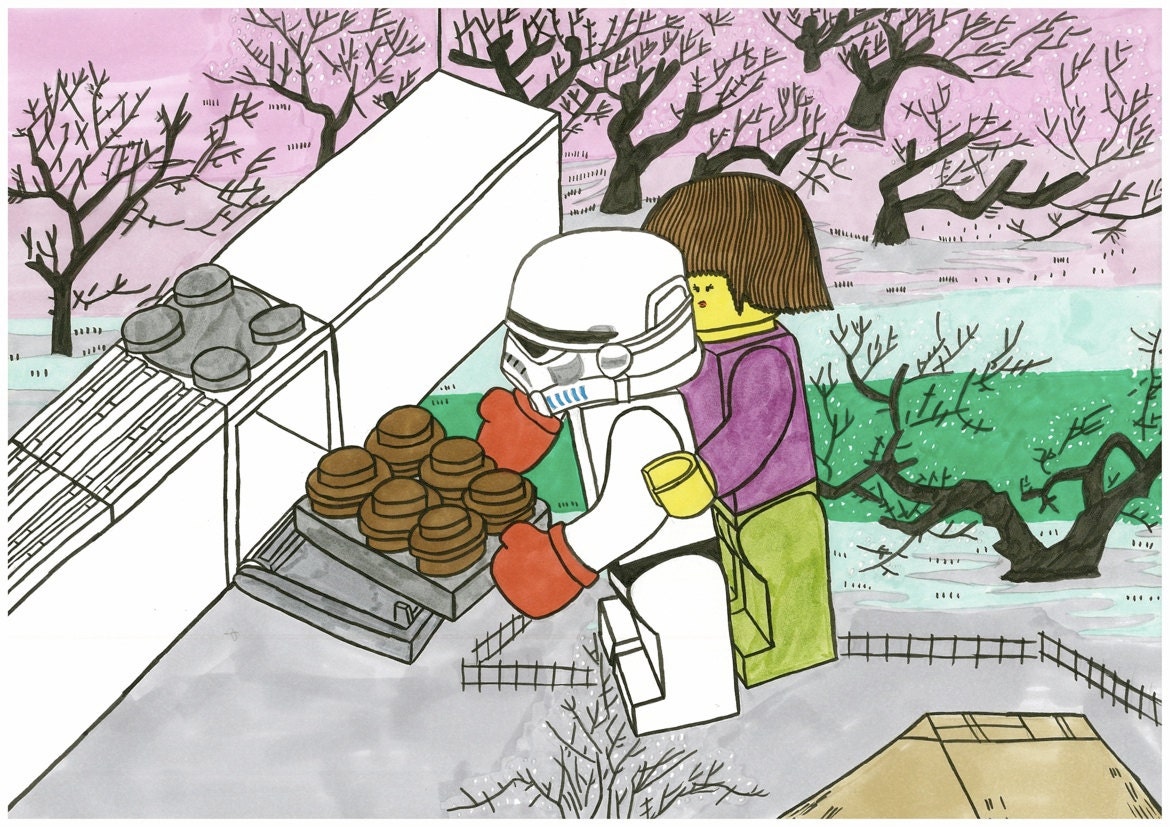 Original Marker Drawing of Lego Storm trooper baking cupcakes and Lego woman in Japanese landscape
