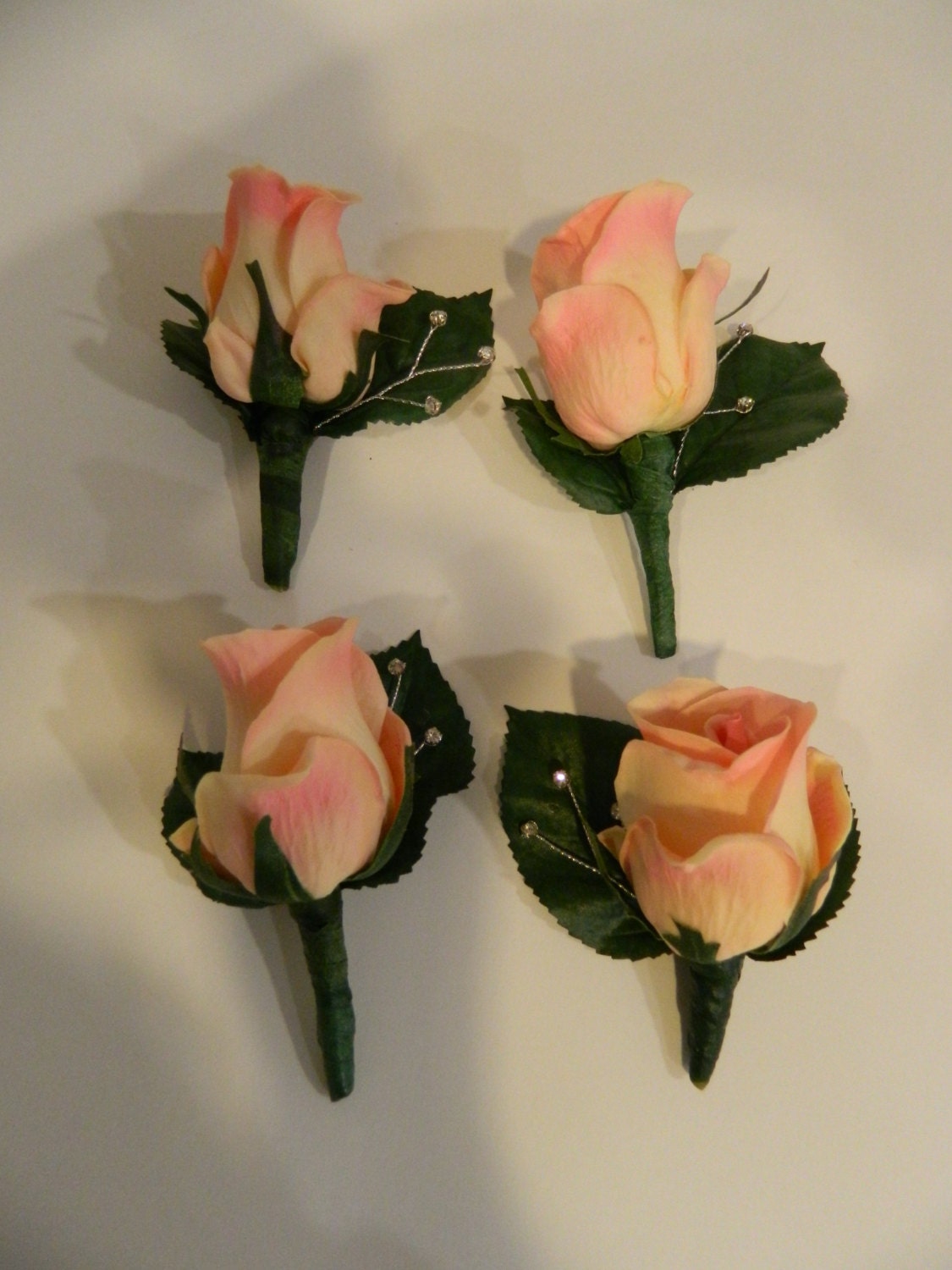Light pink rose boutonniere, real touch flowers, four wedding boutonnieres, blush, rhinestone, destination wedding, groom groomsmen