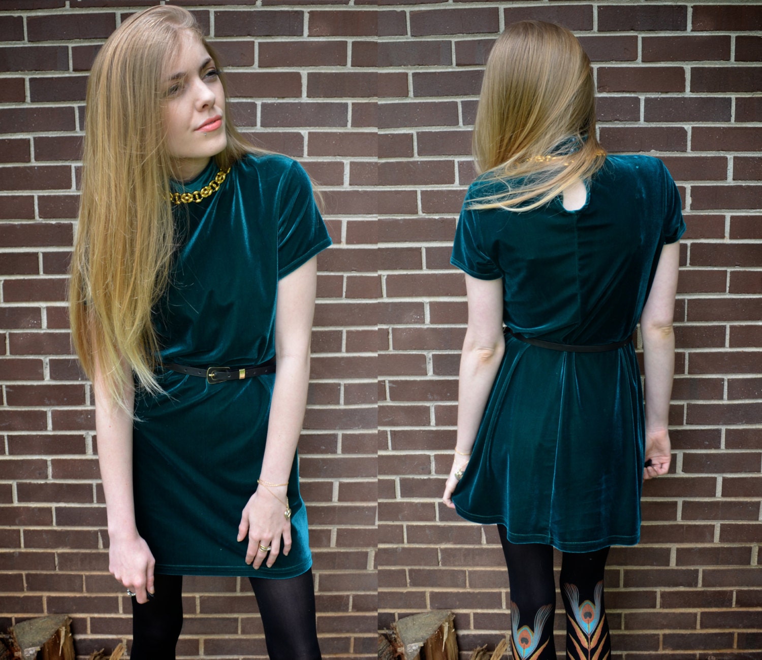 Vintage Teal Velvet Mini Dress