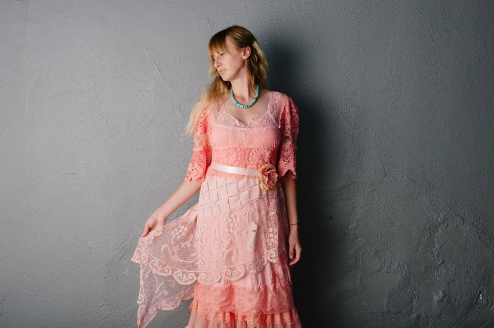 peach mango & baby pink crochet lace boho dress by mermaid miss k