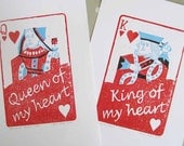 King and Queen of Hearts linocut prints pair unframed