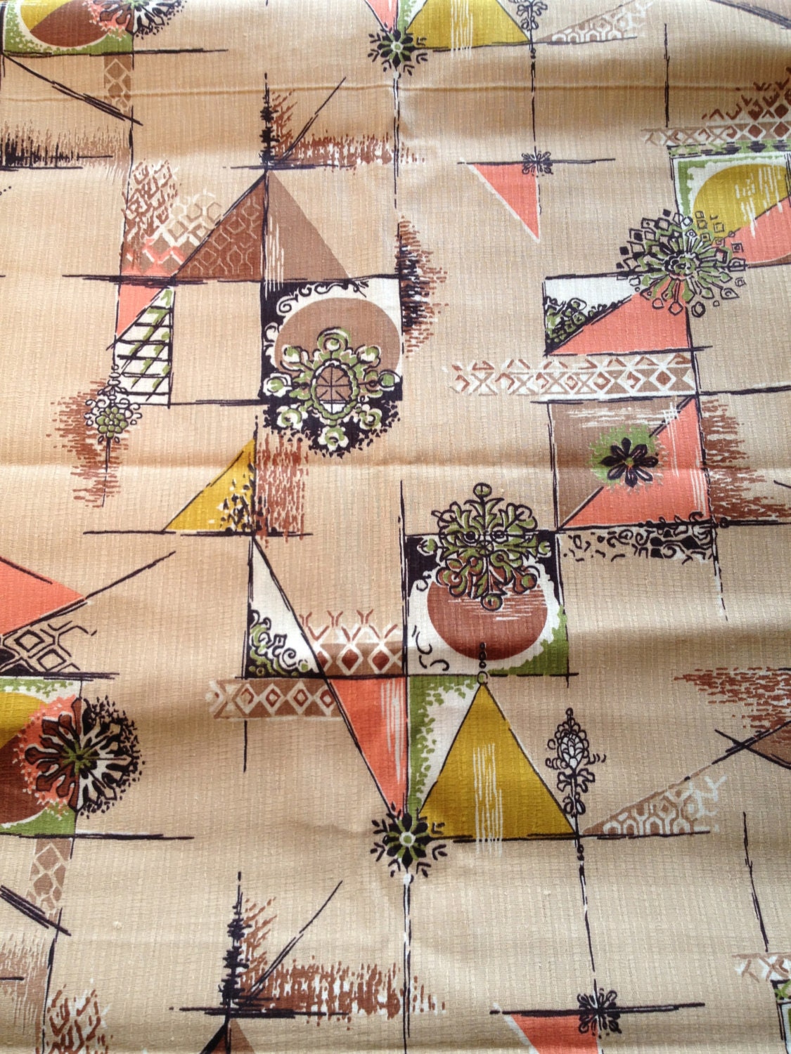 4 YARDS Pristine 1960s Barkcloth Eames Era, Atomic, Retro Fabric, Beige Salmon Mustard Black and Gold