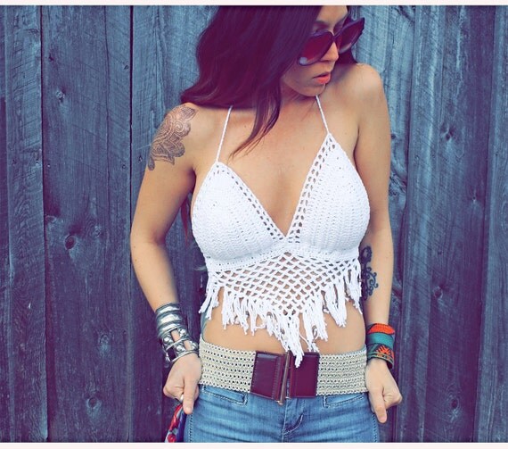 Handmade Beaded Crochet Crop Top Halter With Fringe-Hippie Style-Bohemian-Summer-Tank Top-Crocheted Bikini-Vintage Style Crochet