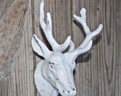 SHABBY CHIC WHITE Deer w/ Antlers Wall Hook /Lodge, Cabin Decor /Towel Holder /Metal Accessory Hanger /Boys Room /Man Cave