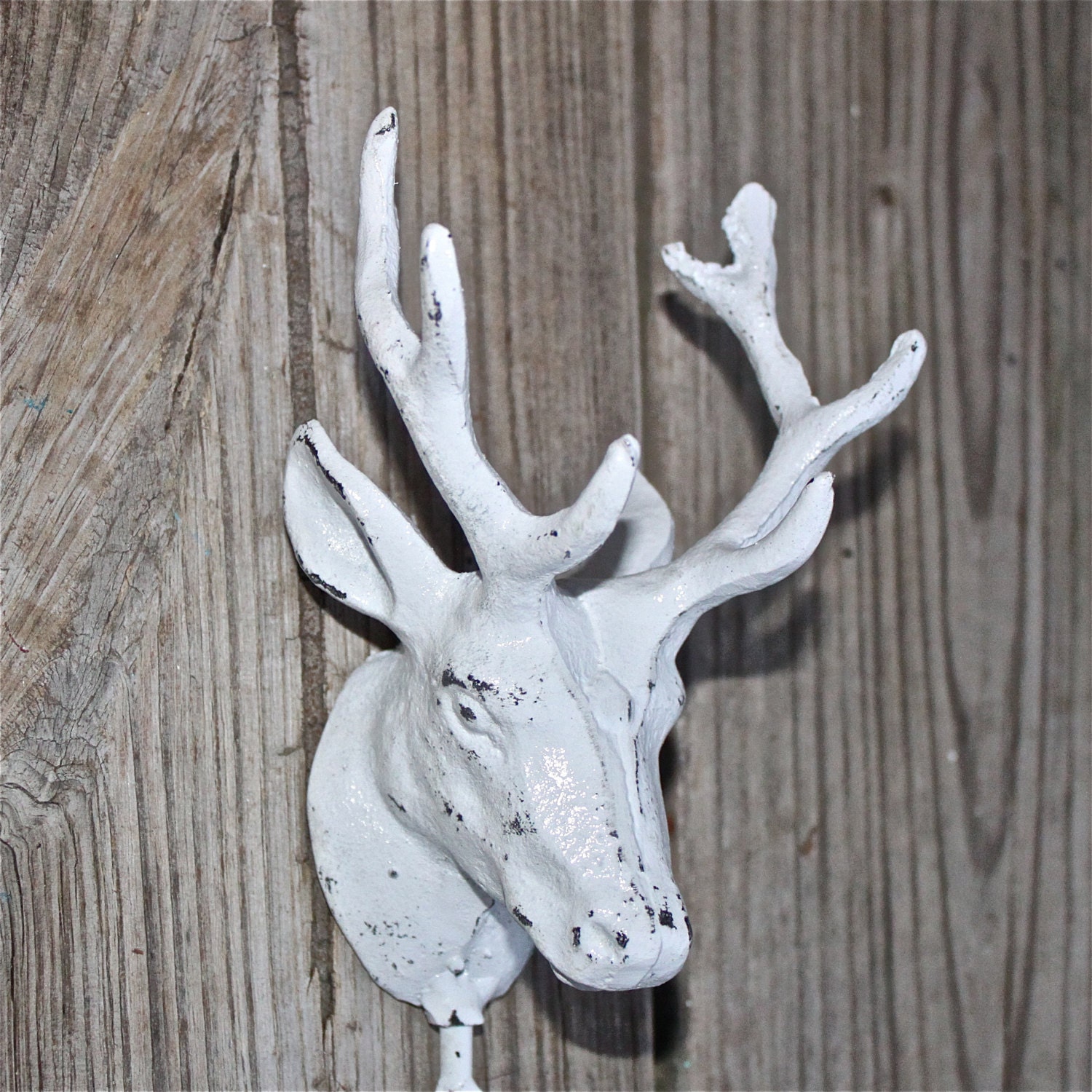 SHABBY CHIC WHITE Deer w/ Antlers Wall Hook /Lodge, Cabin Decor /Towel Holder /Metal Accessory Hanger /Boys Room /Man Cave