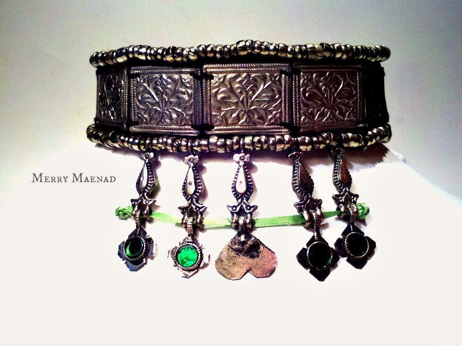 Embellished tribal corset choker necklace with Kuchi and Turkoman amulets. OOAK Black and green ethnic jewelry.