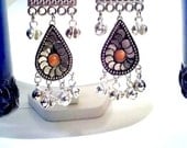 Chandelier earrings, Minoan style. Silver tone with orange stone and bells. Women's ethnic jewelry. Belly dance earrings.