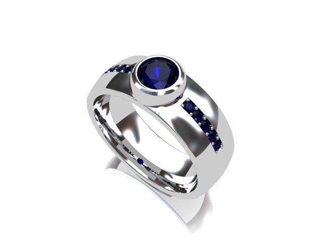 Blue sapphire ring, white gold, sapphire wedding band, Modern ring, bezel, men wedding ring, commitment ring, men blue ring, unique