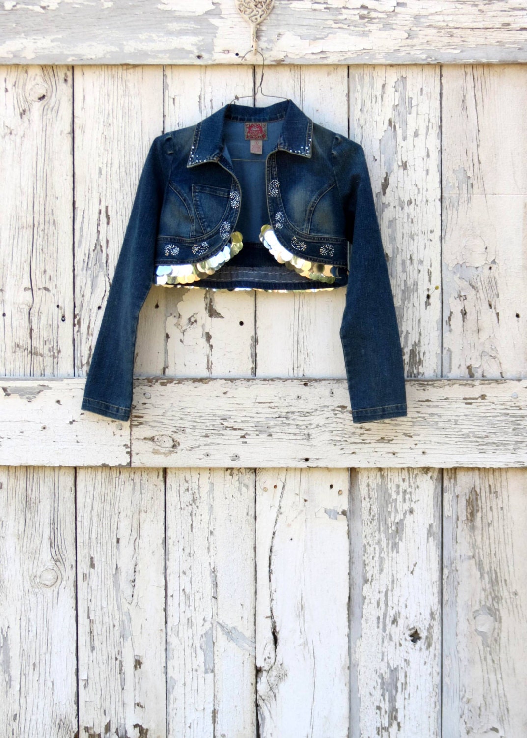 Sparkle Bright Boho Bolero upcycled sequined jean jacket urban chic denim cropped eco prom wedding