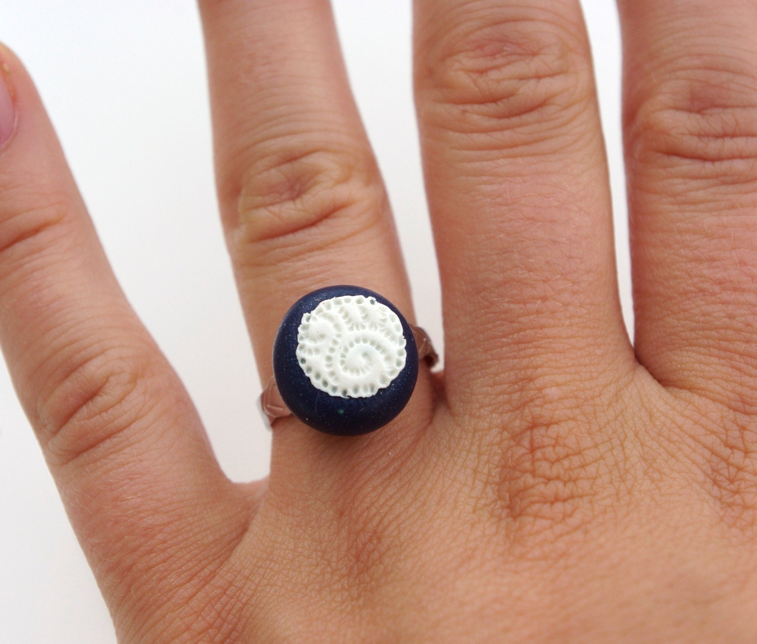 white lace and tardis blue polymer clay button ring - original Emsawhatsy design