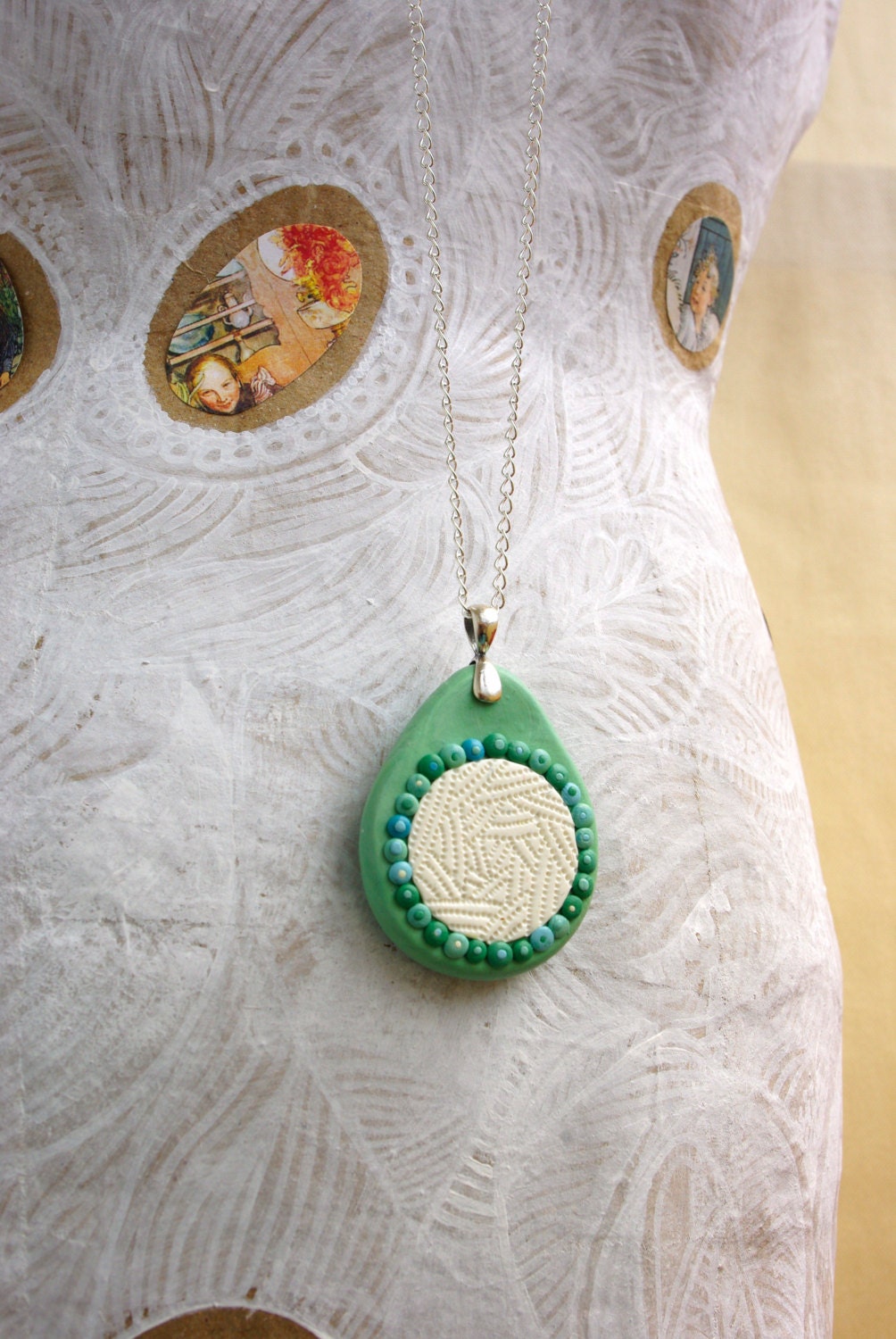 mint and white oriental lace teardrop polymer clay pendant -
