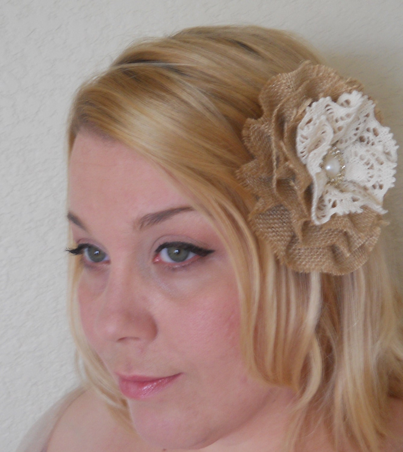Burlap and Ivory Flower Lace Shabby Chic Rustic Wedding Bride Hair Clip Brooch Pin by Leeleebridal on Etsy