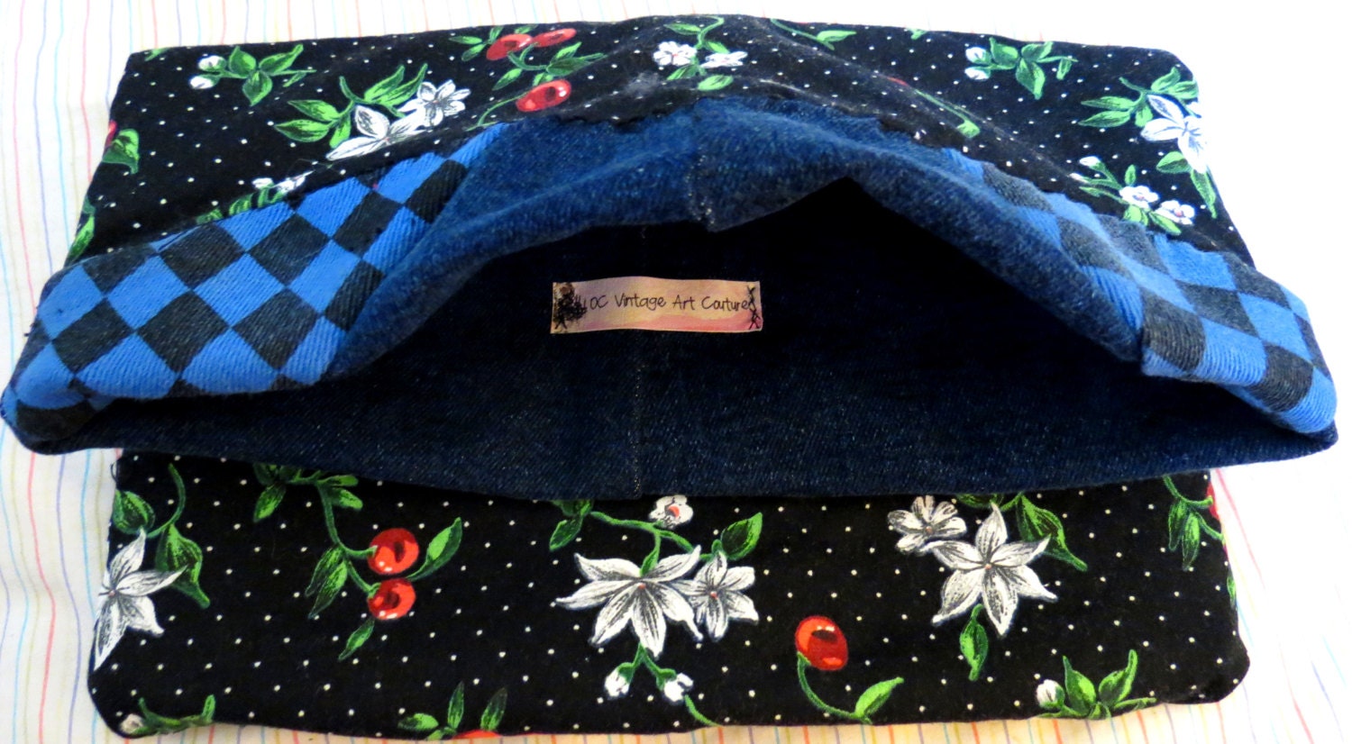 DENIM RED CHERRIES Wristlet handmade from recycled materials denim