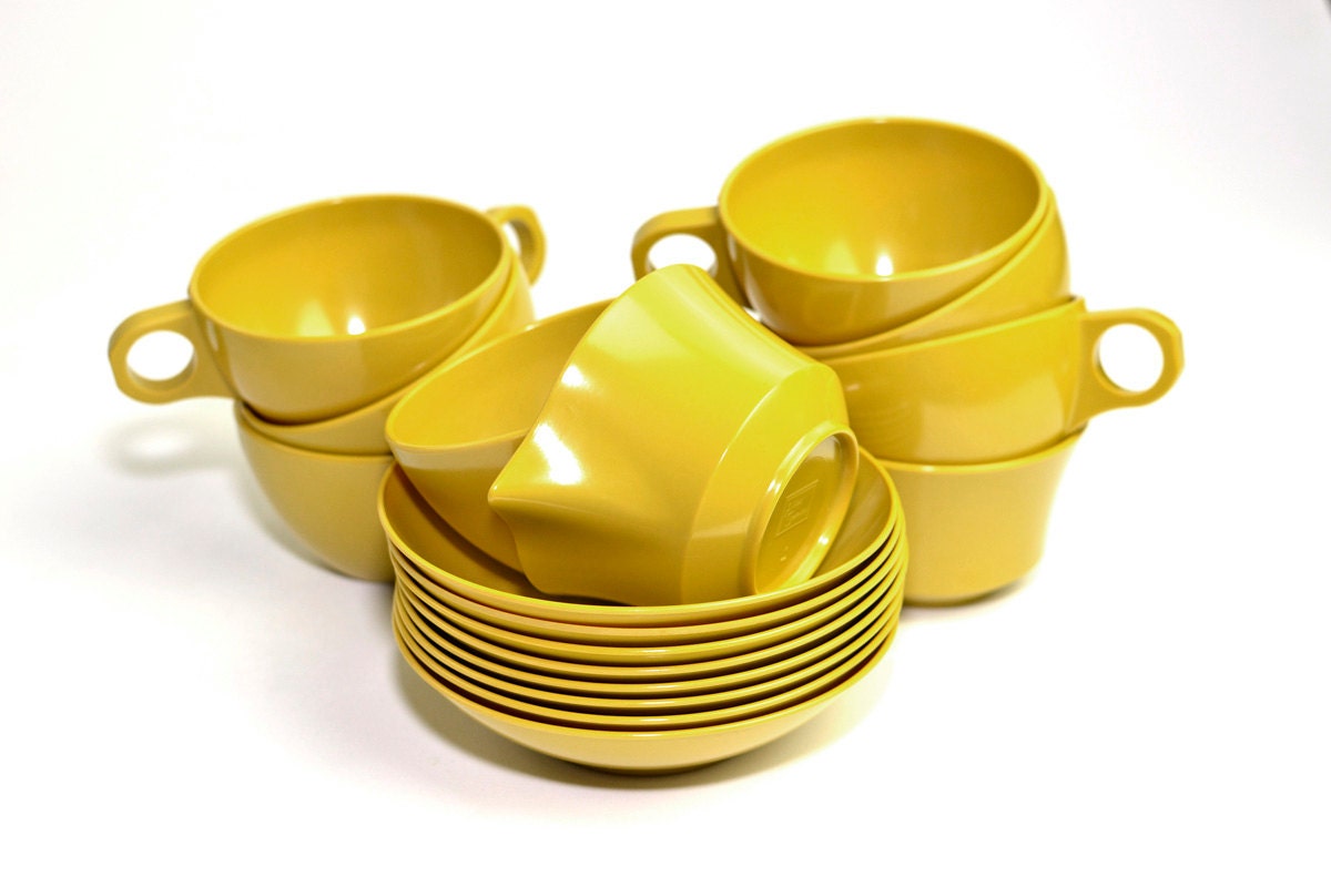 Mustard Yellow Cups, Bowls, Cream & Sugar Set by Allied Chemical - Melmac Melamine Plastic Serving Dishes - Vintage Home Kitchen Accessory