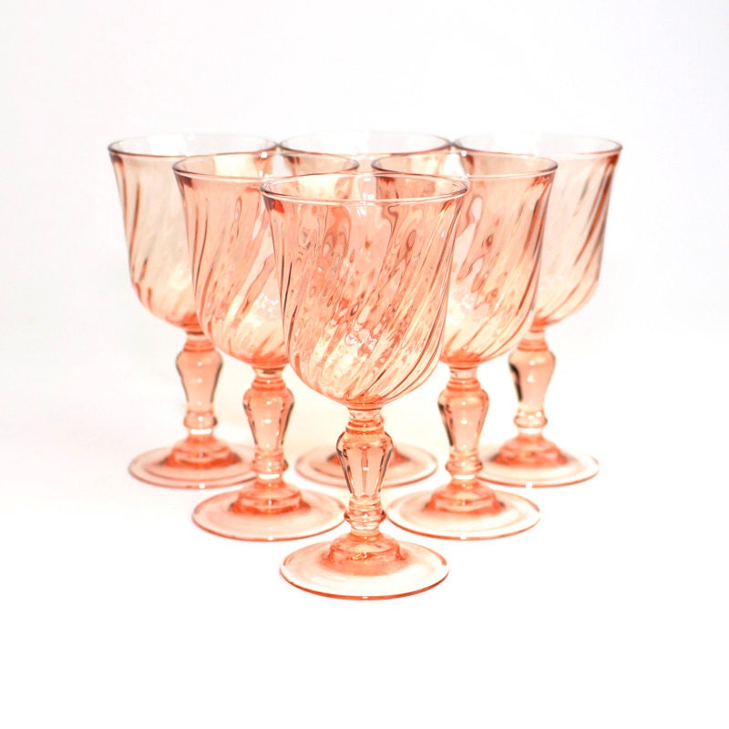 Pink Glass Goblets by Arcoroc France - Rosaline Pattern, Elegant Blush Color Stemware (SET OF 6) - Vintage Home or Wedding Decor