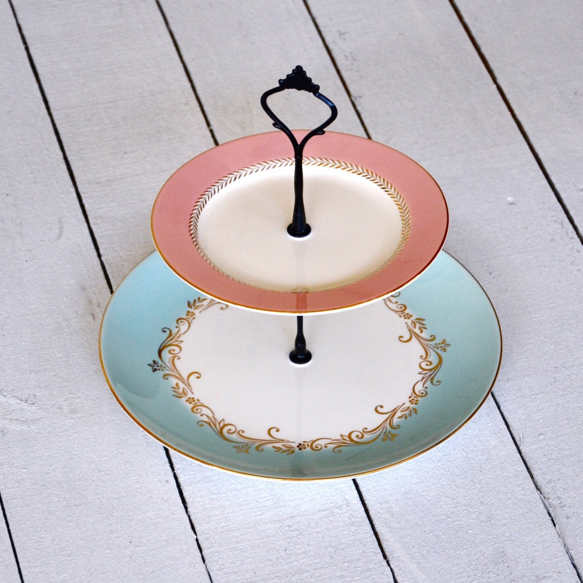 Eclair: Cake Stand, 2 Tier, Pink and Aqua, Vintage China, Valentine's Day, Easter, Spring, Wedding