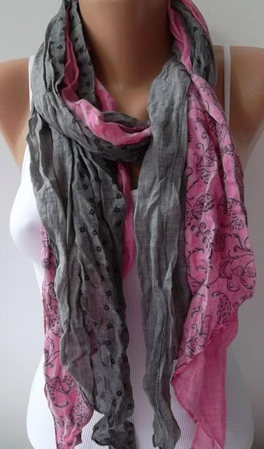 Scarf - Cotton - Elegant Scarf Cotton Scarf  - Pink / Gray