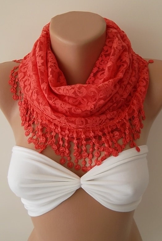 Mothers Day gift Elegant scarf Lace Triangle Scarf -It made with good quality Lace  Coral----Size large