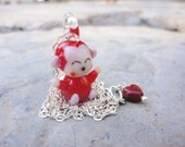 Lampwork Monkey - Silver Chain - Wire Wrapped Glass Heart Charm - Love Monkey - Valentine - Sweetheart - Animal Love - Cherry Red - Heart