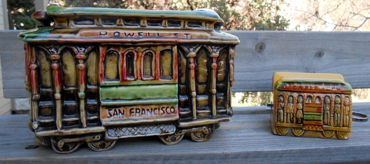 Vintage SNCO Japan ceramic San Francisco cable car napkin holder planter and Golden Gate bridge tongs holder, souvenir art, 1960's era