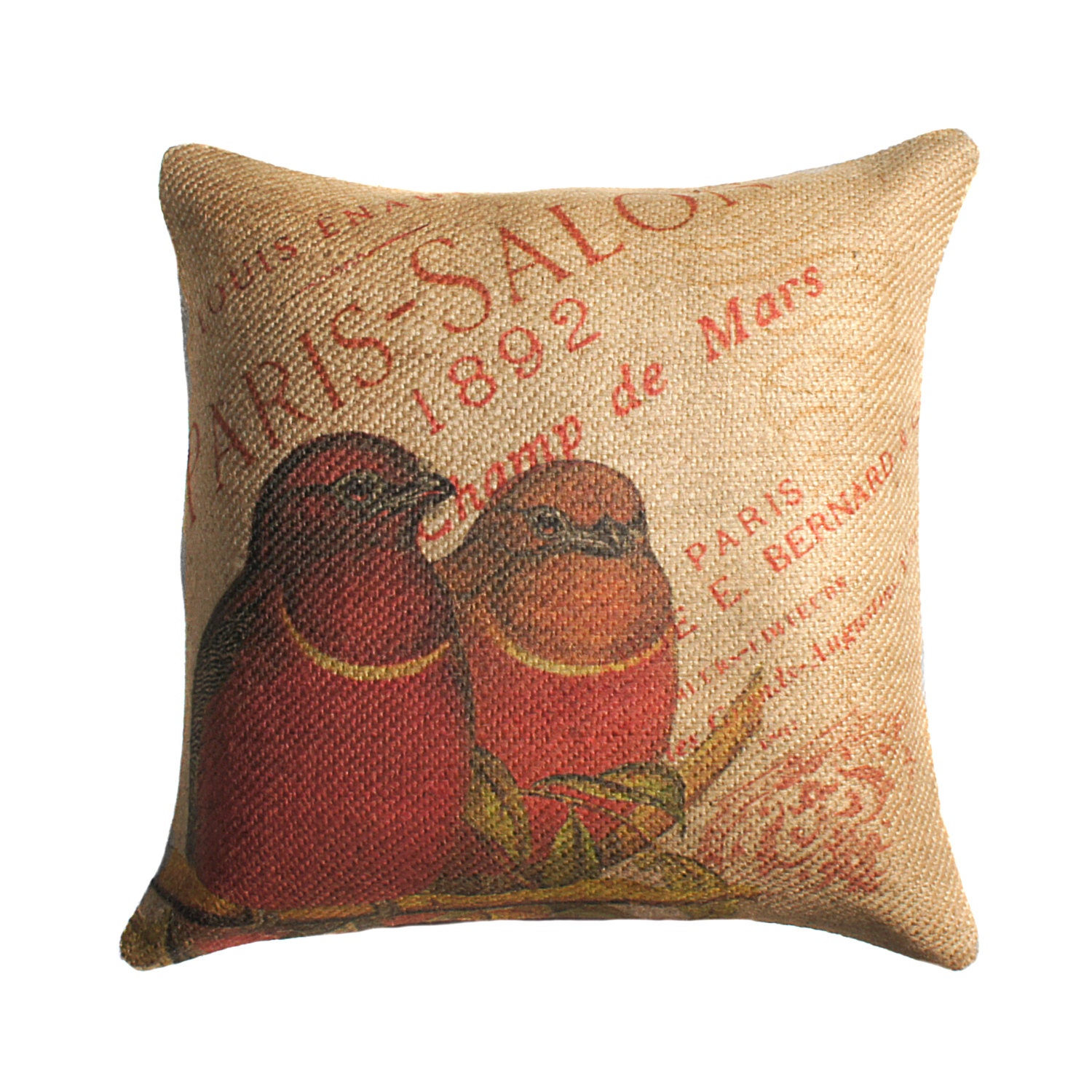 Burlap Pillow Cover of Red Birds, French Throw Pillow, Cushion Cover, Paris, 16 X 16