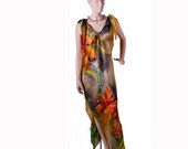 Yellow green silk beach dress  hand painted batik. summer dress. Woman dress plus size clothing, Womens XL