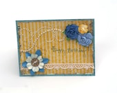 Shabby chic birthday card, yellow blue cabbage roses, vintage inspired romantic card, Happy Birthday
