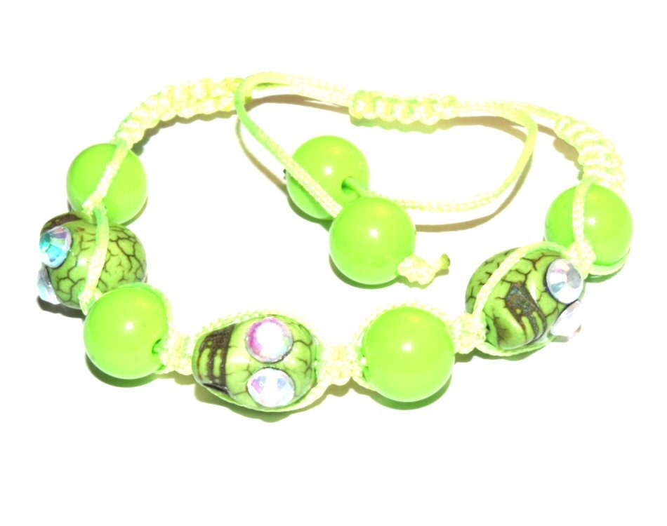 LIME GREEN Adjustable Rhinestone Skull Bracelet Braided Friendship Iridescent Glam Sparkle Dyed Turquoise Howlite Beads