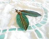 Woodland Patina Teal Leaf Earrings - Boho Spring Nature Inspired Jewelry - Turquoise & Verdigris Antique Brass Long Leaves - Made to Order