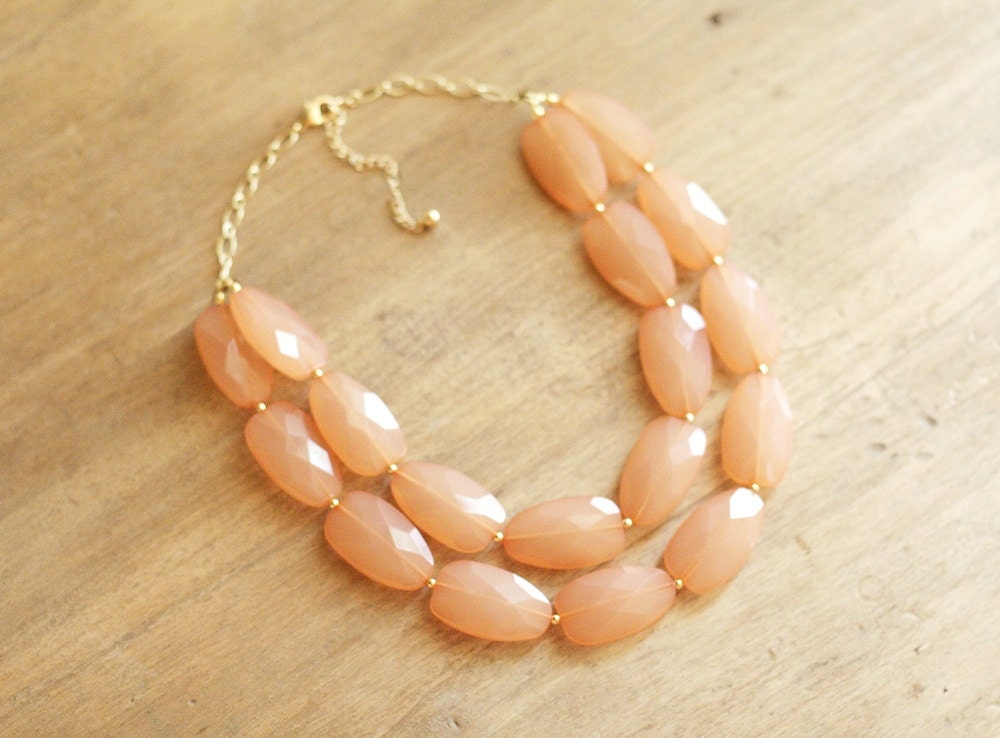 Peach Coral Double Strand Layered Statement Necklace - Bib Necklace