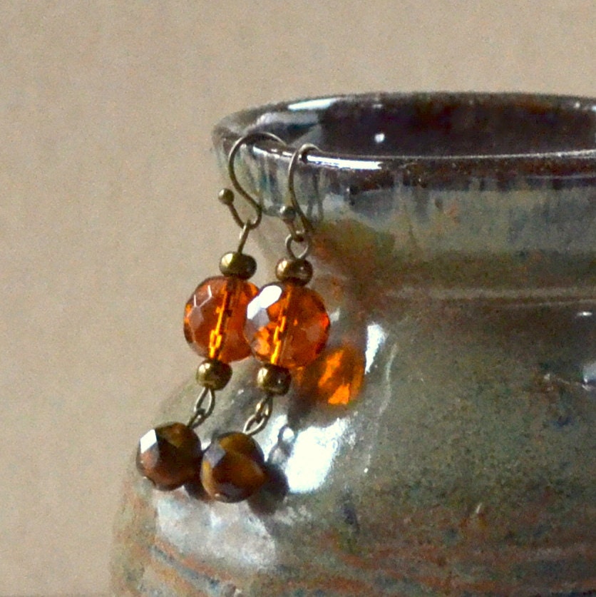 Earth Tone Brown Amber Drop Dangle Earrings Tigers Eye Beaded Dangles Rustic Antique Bronze Fashion Jewelry Jewellery Free Shipping