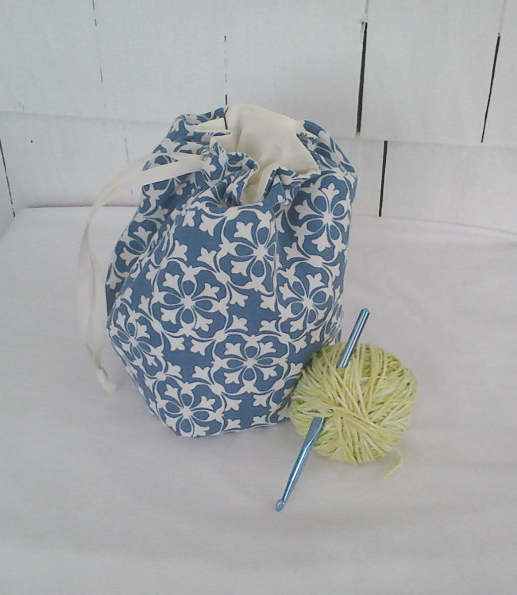 Drawstring Knitting Project Bag - small project bag - Blue and White print