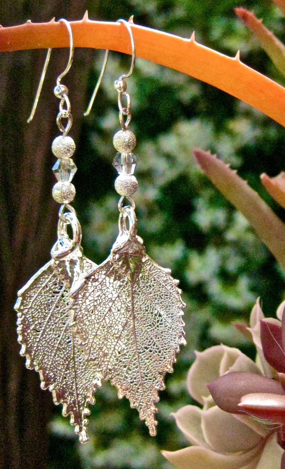 Silver Dipped Birch Leaf Earrings with Crystal Embellishment