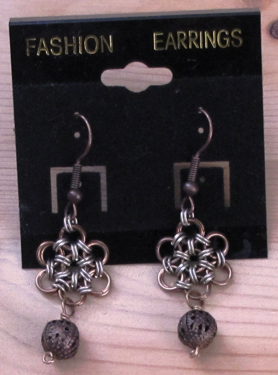 Rustic Chainmaille Earrings in Asian Weave With Antique Copper Beads