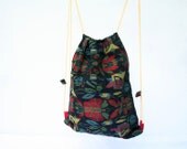 Small Drawstring Backpack Shoe Bag /Laundry Bags Tribal Floral Striped Woven Satin Lined