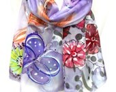 Dragonflies Silk Scarf. Hand Painted Shawl. Pastel Indigo, Lavender Blue Whimsical Scarf. Gift for Her. 14x71in. (35x180cm). Ready2Ship.