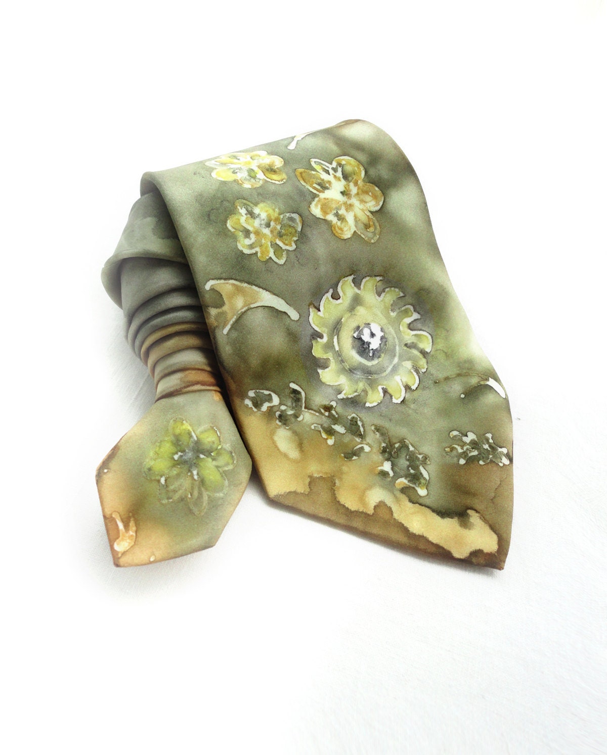Gold Khaki NeckTie. Hand Painted Silk Tie. Gift for Him. Handmade Silk Tie. Floral OOAK Silk Tie. SIlk Neck Tie. Ready to Ship.
