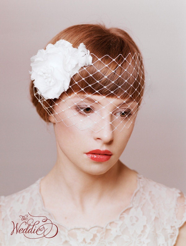 Birdcage, bridal hair accessory, Beautiful veil with silk flowers