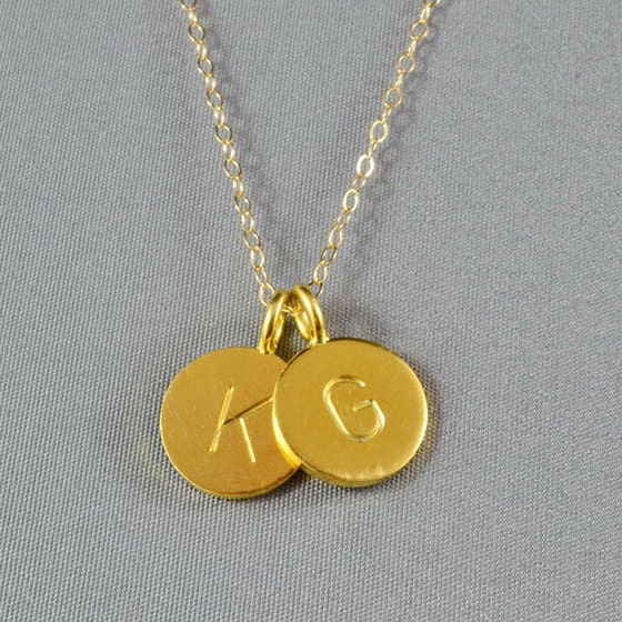 CUSTOM - Double Hand Stamped Disc Necklace, Initial Letters on Gold Vermeil Discs, 14K Gold Filled Chain, FREE Birthstone