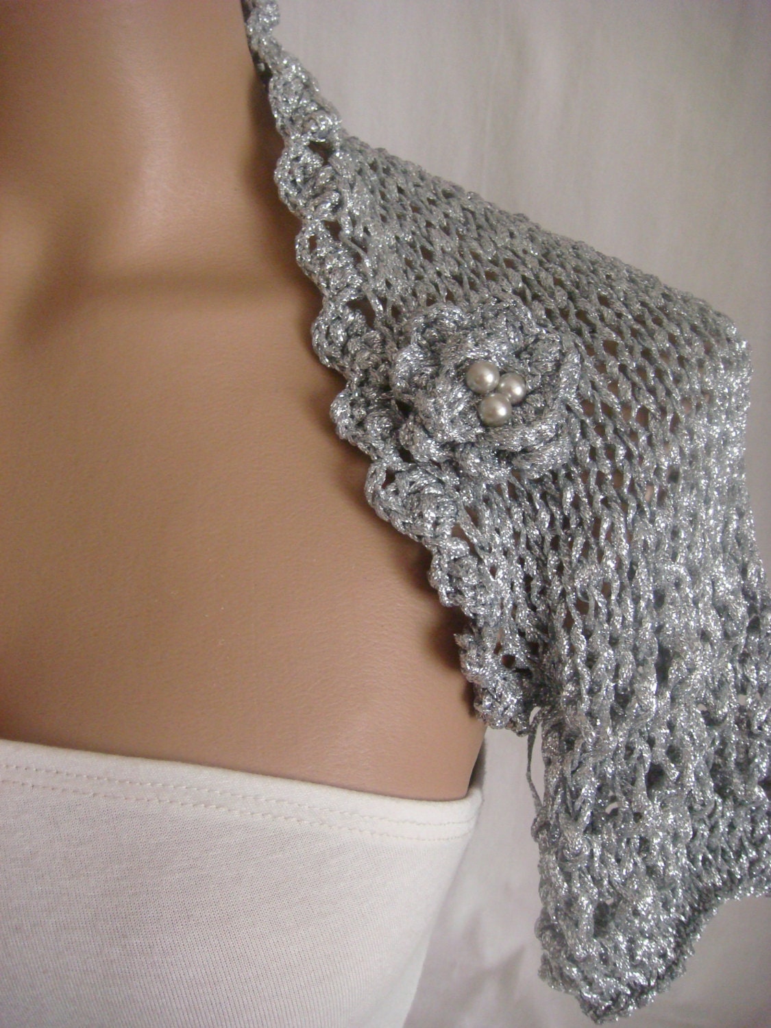 Knitted, Crochetted Short Sleeve Wedding Silver Shrug Bolero by Arzu's Style