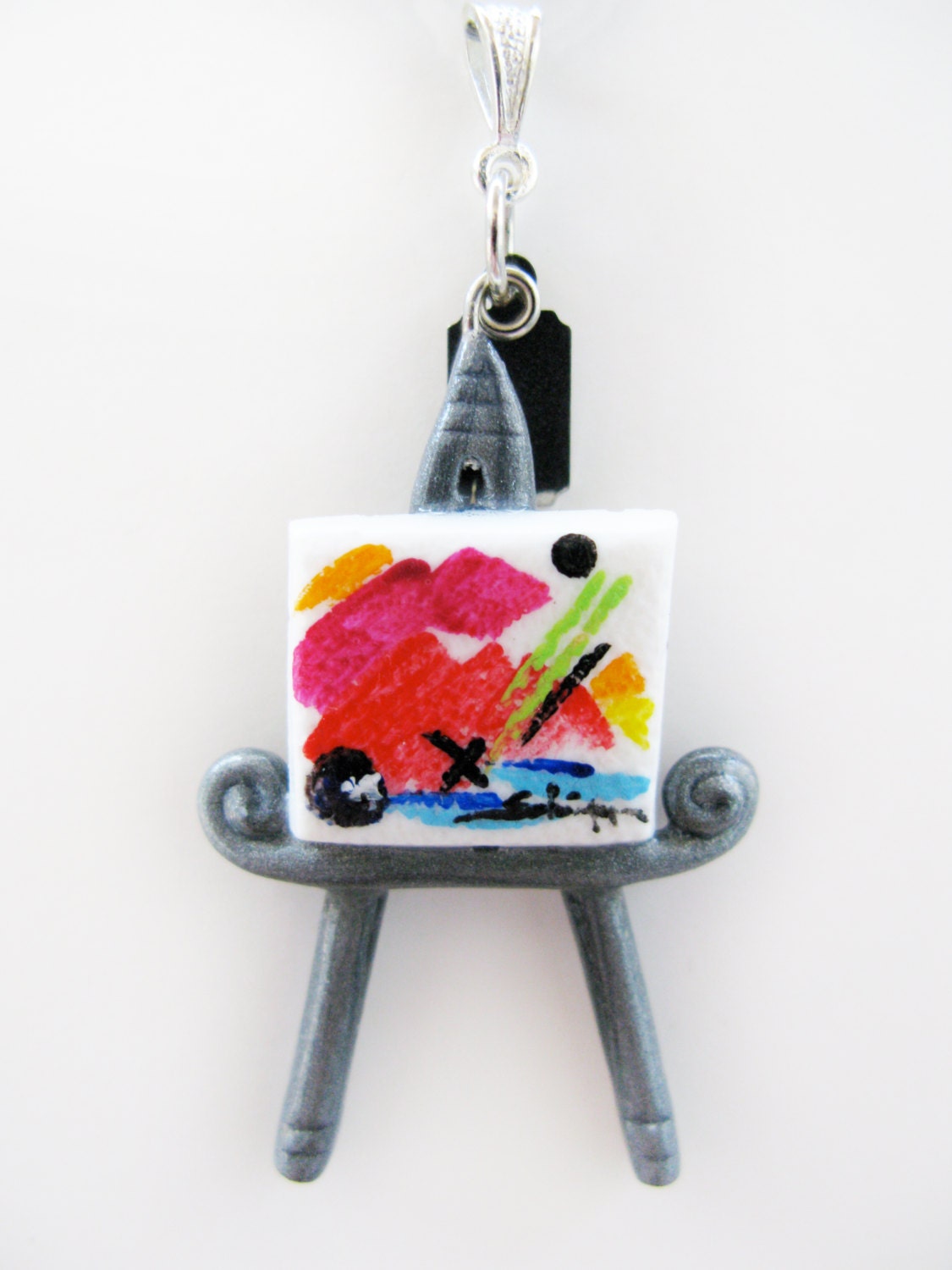 Miniature Canvas and Easel Polymer Clay Necklace - Hand Painted Original - Polymer Clay and Stainless Steel Necklace
