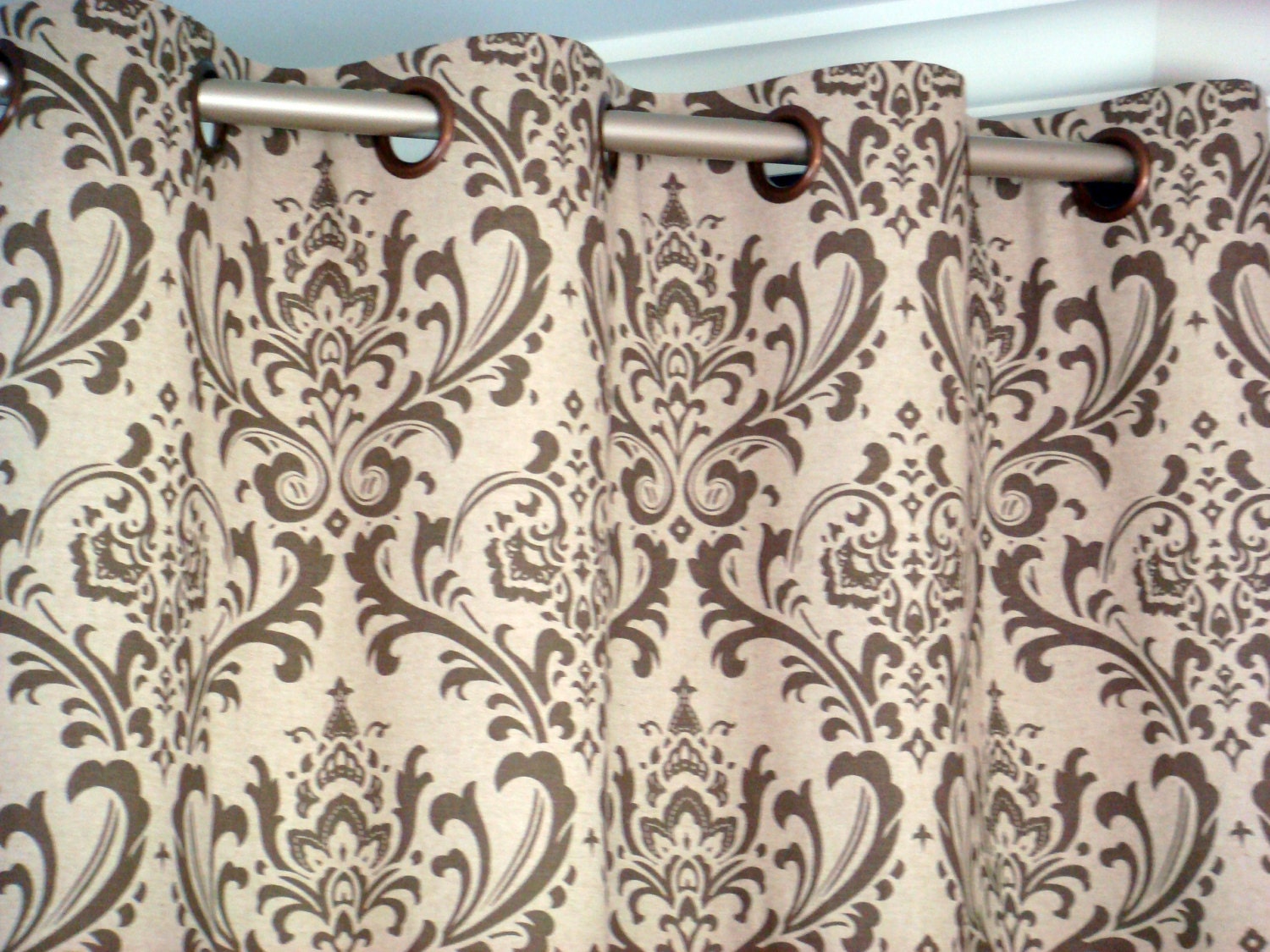 Pair of Grommet Top Curtains in Kelp Linen Traditions Damask print